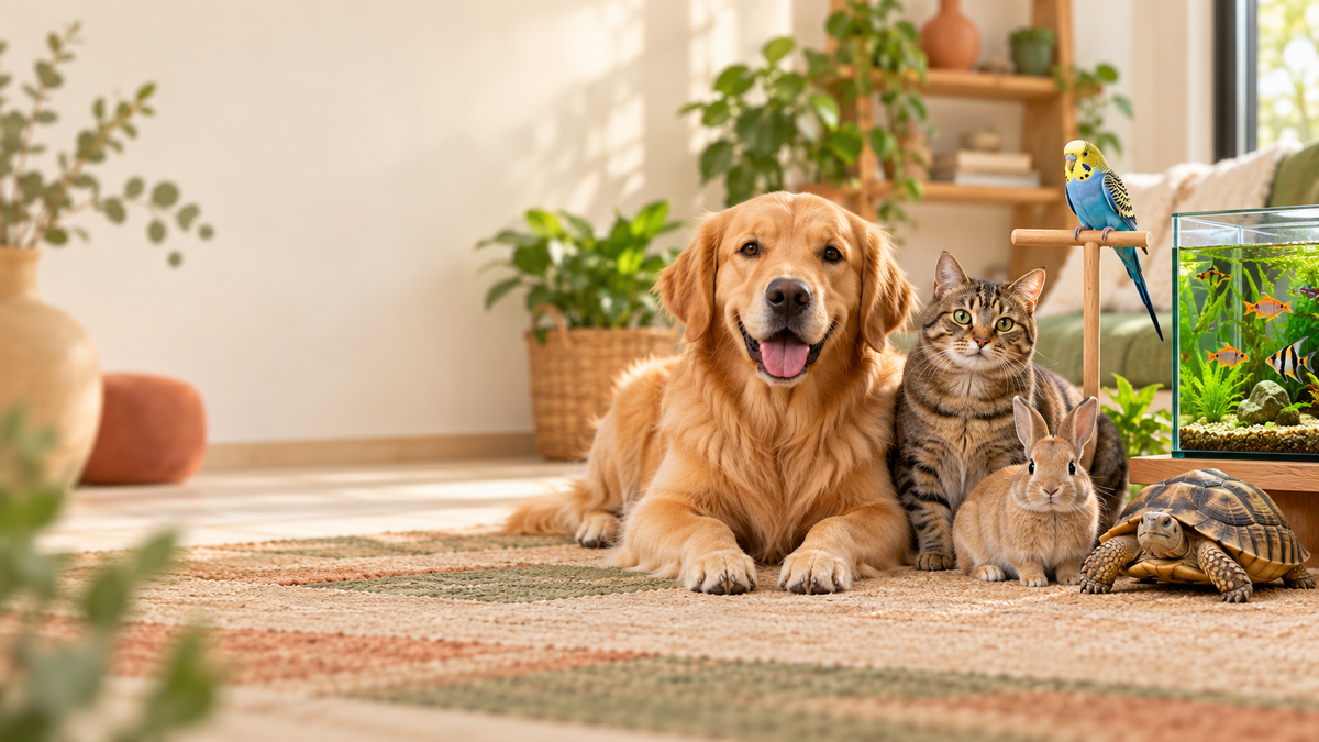 Wide banner showing a dog, cat, rabbit, parakeet, fish and tortoise
